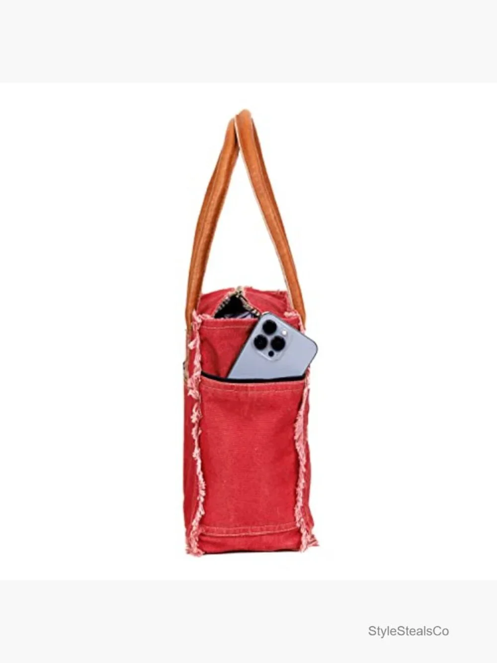 Canvas Tote Bag with Leather Handles, Shoulder & Beach Bag - 13x10 - Picture 6 of 7